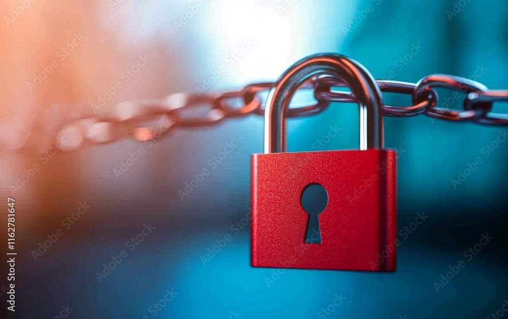Poster a close-up of a red padlock on a chain, symbolizing security and protection in a digital age. ideal 