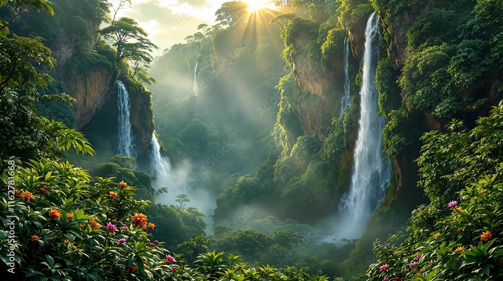 Aufkleber stunning natural scene with multiple cascading waterfalls surrounded by lush greenery. The sunlight filters through the foliage, creating a serene and majestic atmosphere.