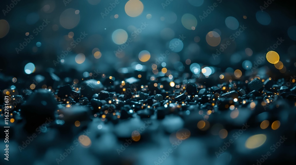 Poster close-up of a material with a textured surface, possibly a type of fabric or a rough, uneven texture, with a blue and gold color scheme. The background is blurred with bokeh effects, highlighting the 