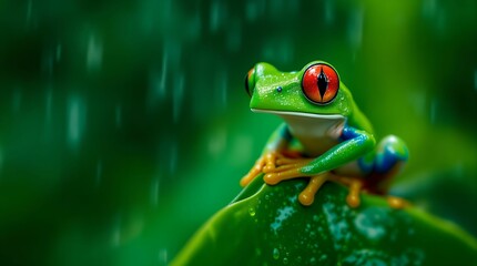 Naklejka premium red-eyed tree frog perched on a leaf, with raindrops surrounding it, creating a dramatic and lush green background.