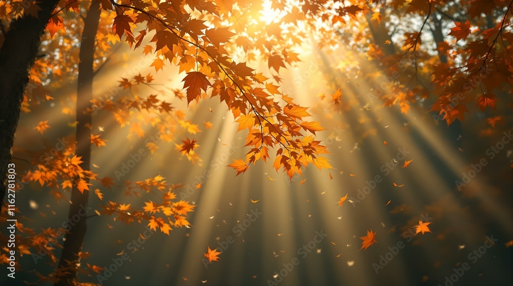 Aufkleber serene autumn scene with sunbeams shining through the trees, casting a warm glow and illuminating th
