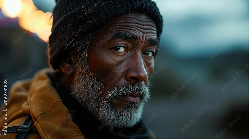 Poster man wearing a black beanie and a brown jacket, looking off to the side with a thoughtful expression.