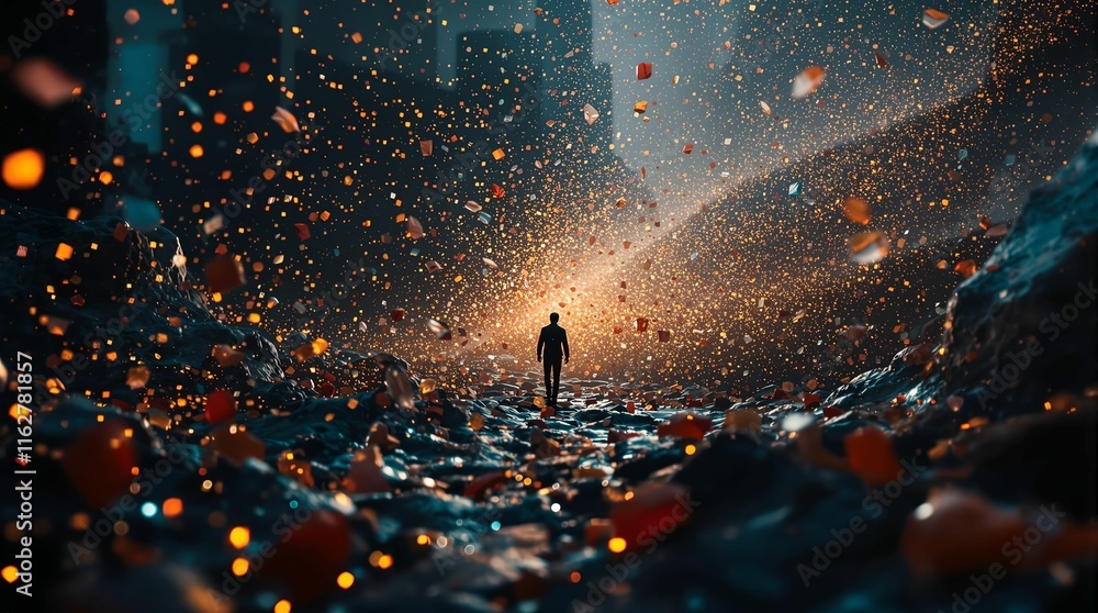 Poster person standing in a landscape filled with glowing orange debris, creating a dramatic and surreal at