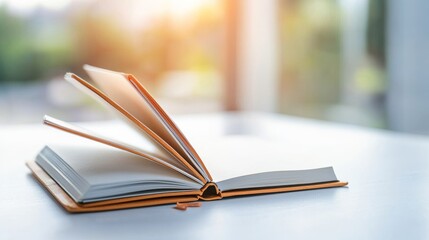 Open notebook on a white table with sunlight streaming through a blurred background