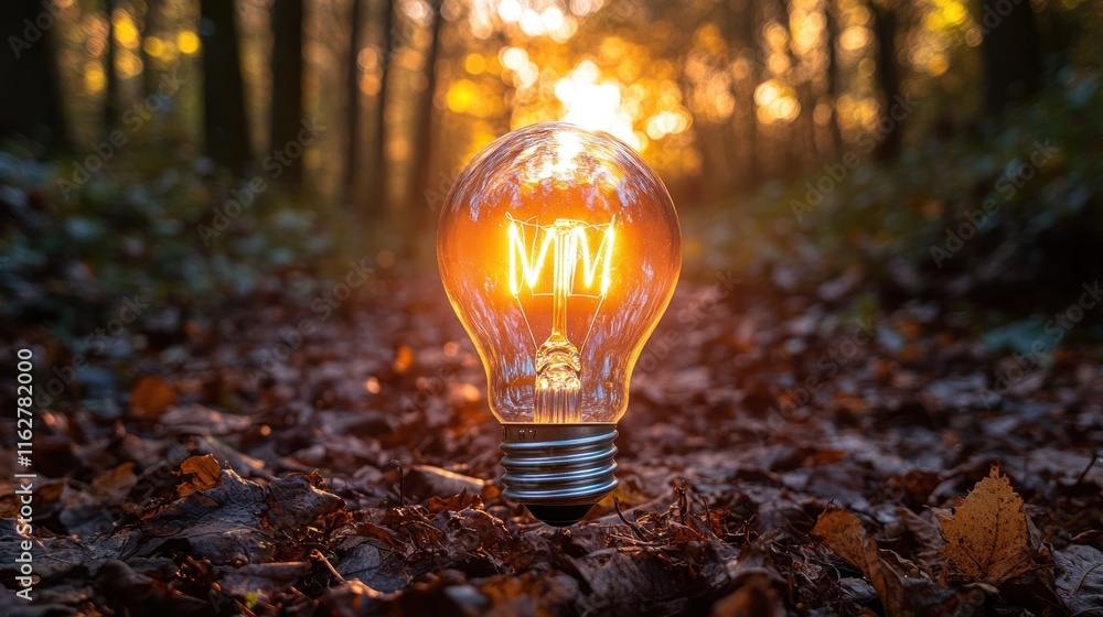 Poster illuminated lightbulb with mm letters in a forest setting at sunset.