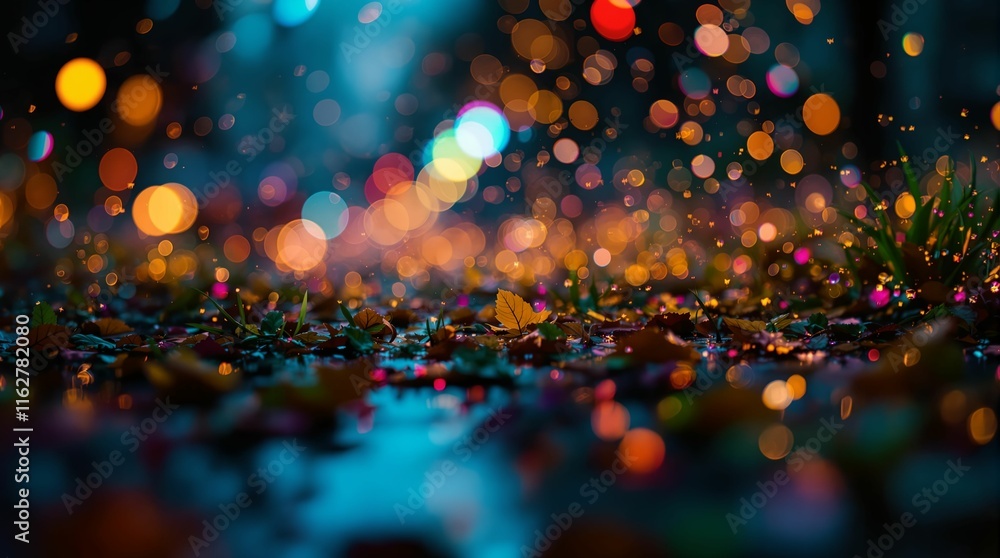 Poster close-up of a wet, reflective surface with colorful lights and bokeh effects, likely taken in the ra