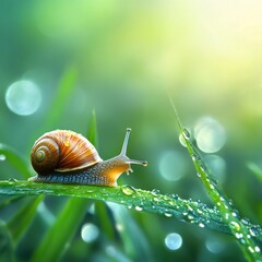 A close-up of a snail on a green leaf, glistening with dew drops, embodying tranquility in a lush, vibrant environment.