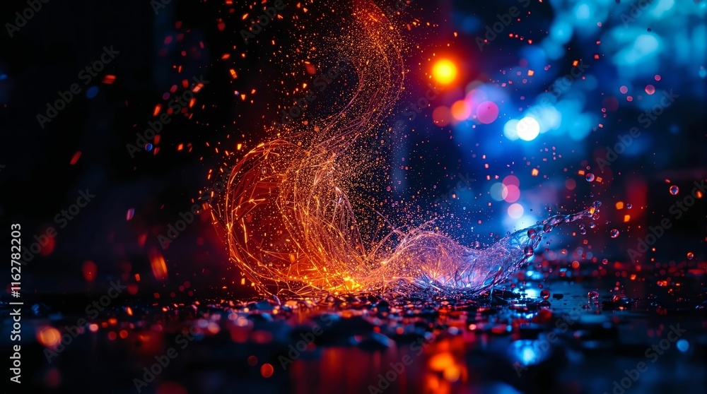 Poster vibrant, abstract scene with glowing, fiery-like particles forming a dynamic wave shape against a da