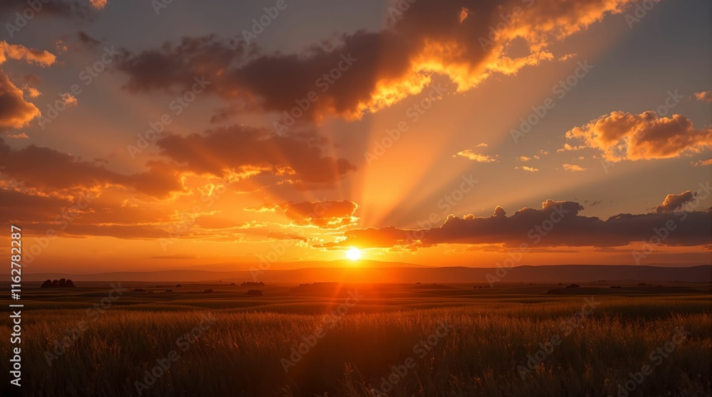 Poster panoramic photo of a beautiful sunset with vibrant orange and yellow clouds and sun rays shining thr
