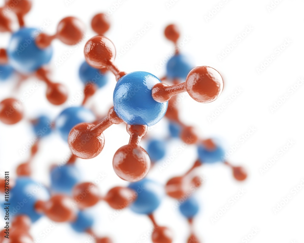 Poster a close-up view of a molecular structure showcasing red and blue atoms interconnected in a complex f