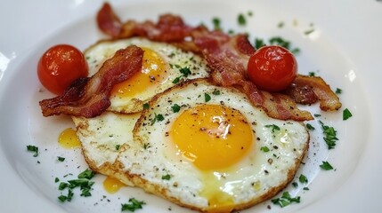 Delicious Fried Eggs with Crispy Bacon and Cherry Tomatoes