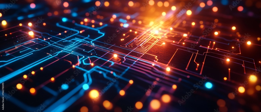 Poster a close-up view of a vibrant circuit board with glowing lights, representing advanced technology and