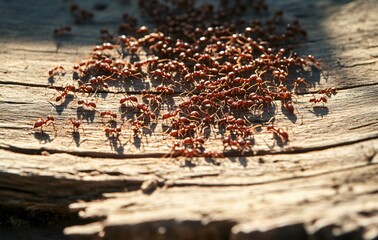 Closeup of Numerous Red Ants Crawling on Wood