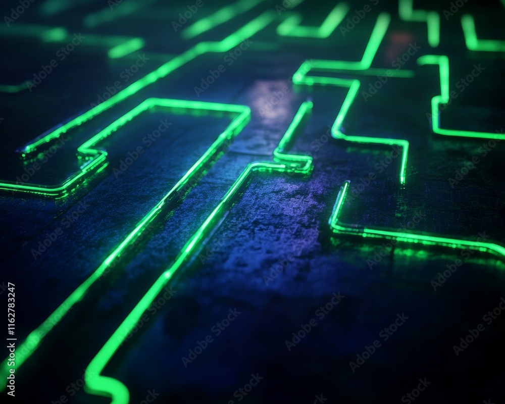 Poster a close-up view of glowing green circuit patterns on a dark surface, illustrating modern technology 