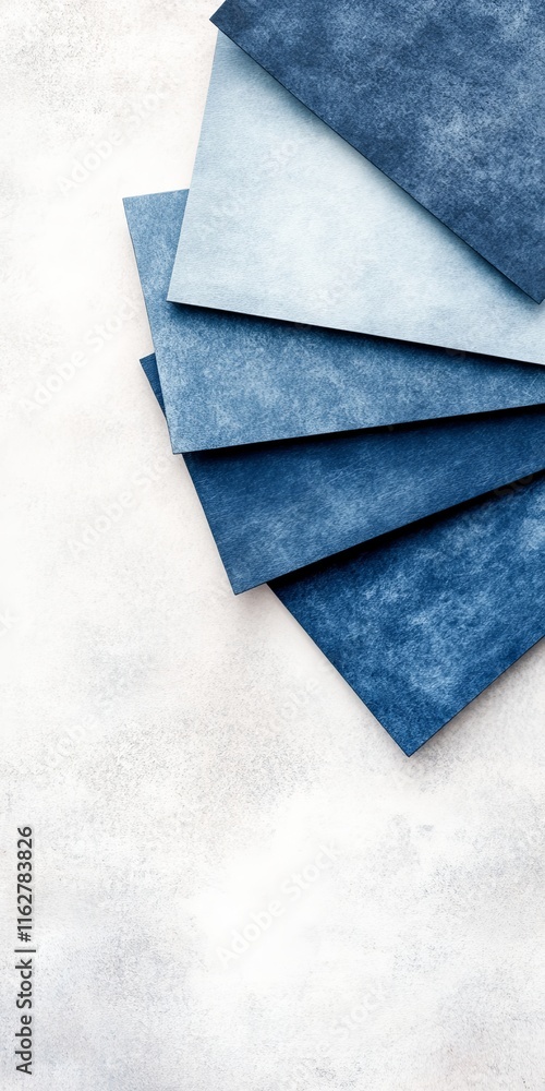 Poster a collection of textured blue paper sheets arranged creatively on a light background, perfect for de