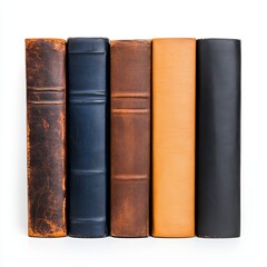 A collection of vintage leather-bound books arranged in a row, showcasing diverse colors and textures for a classic aesthetic.