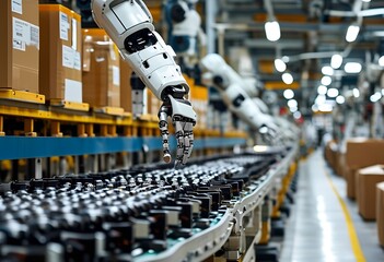 Advanced robotic arms assemble electronic components in a modern automated factory during daytime operations