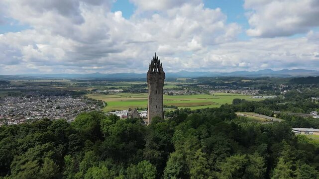 Aerial views of the National Wallace Monument Stirling, Scotland.