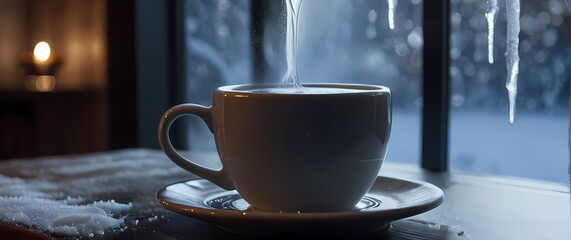 A steaming cup of tea on a ceramic coaster near a frosted window with icicles hanging outside with delicate snowflakes drifting in the background