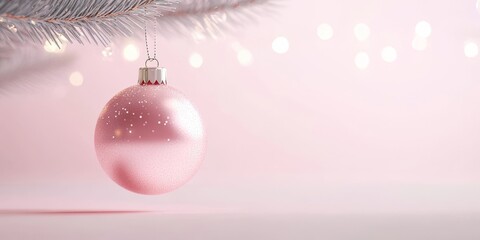 Fototapeta premium A delicate pink ornament hangs gracefully from a white Christmas tree, capturing the essence of holiday cheer and elegance.