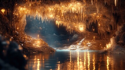 Naklejka premium Crystal Cavern. Golden stalactites underground cave illuminated by wat
