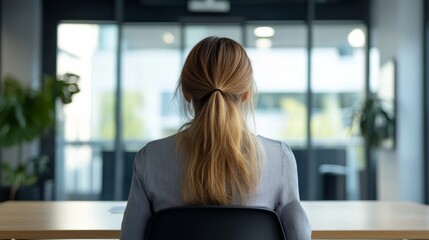 Female employee with sitting in the meeting room seen from behind.