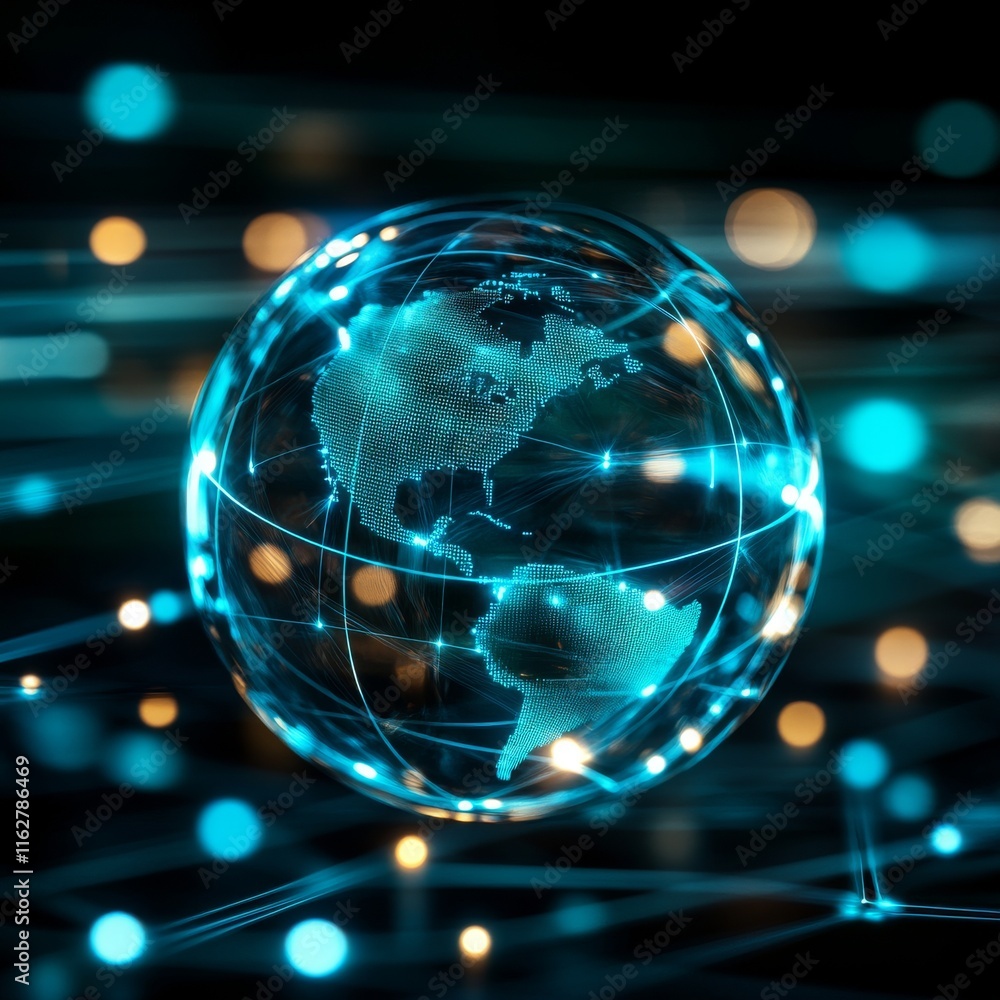 Poster a digitally rendered globe with connected lines, representing global communication and technological