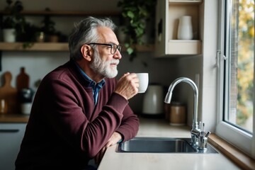 Thoughtful senior man drinking coffee and looking out kitchen window