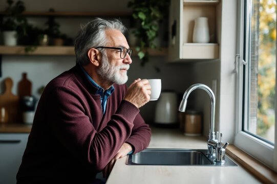 Thoughtful senior man drinking coffee and looking out kitchen window