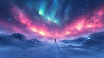 Lone figure in snowy landscape witnessing vibrant aurora borealis under starry night sky.