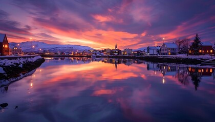 Sunset in Reykjavik, Iceland, Europe. Travel destination.