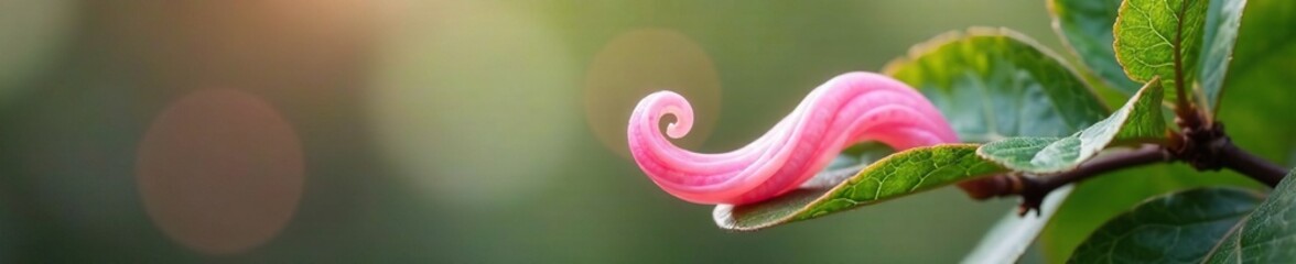 A delicate spiral of pink creamy substance flowing down a leafy branch, flow, substance