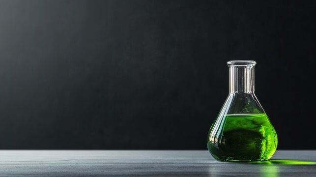 A glass flask containing vibrant green liquid against a dark backdrop, symbolizing experimentation and discovery in science.