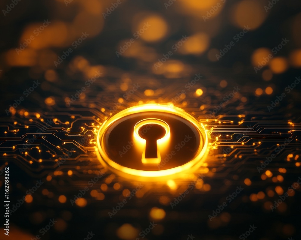 Poster a glowing golden keyhole surrounded by digital circuits symbolizes security and data protection in a