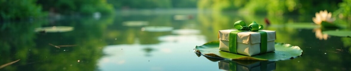 A peaceful lake scene with a small wrapped gift tied with green ribbon on a water lily pad, evergreen, gift