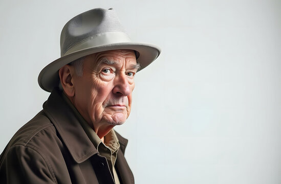Elderly Man in Fedora with Thoughtful Expression. Close-up of an elderly man wearing a gray fedora and brown jacket, gazing with a reflective expression.