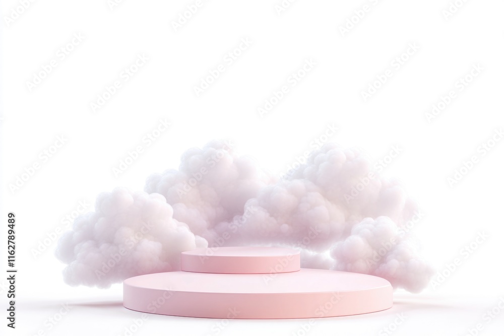 Poster a pink platform surrounded by fluffy white clouds, perfect for use as a background or prop