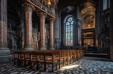 Fototapeta premium Majestic Cathedral Interior: Sunlit Church Sanctuary with Wooden Pews and Stained Glass
