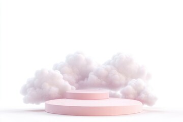 A pink platform surrounded by fluffy white clouds, perfect for use as a background or prop