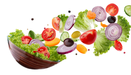 Fresh salad. Mixed falling vegetables in bowl on transparent background