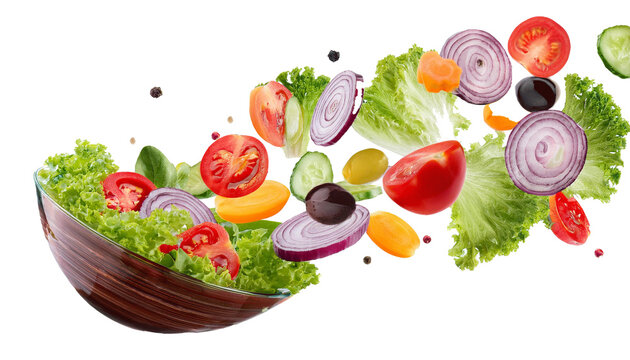 Fresh salad. Mixed falling vegetables in bowl on transparent background