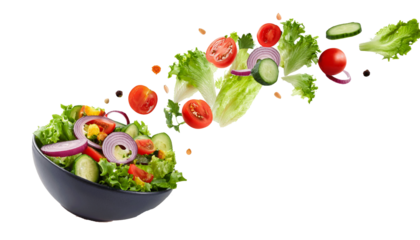 Fresh salad. Mixed falling vegetables in bowl on transparent background