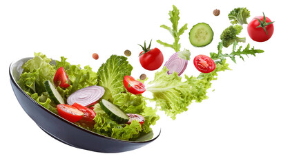 Fresh salad. Mixed falling vegetables in bowl on transparent background