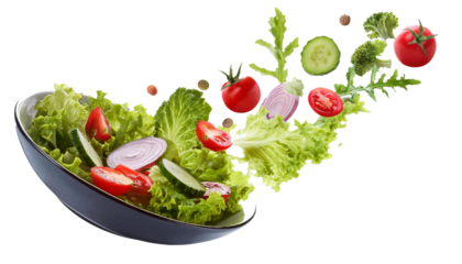 Fresh salad. Mixed falling vegetables in bowl on transparent background