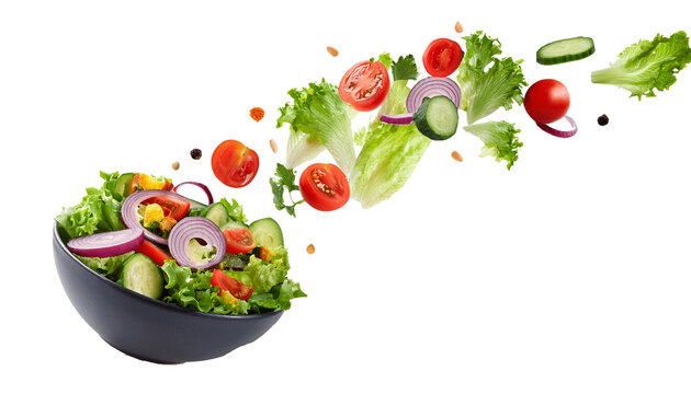 Fresh salad. Mixed falling vegetables in bowl on transparent background