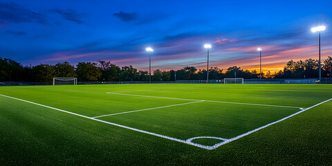 Fototapeta premium Lush green soccer field under vibrant stadium lighting for sports photography