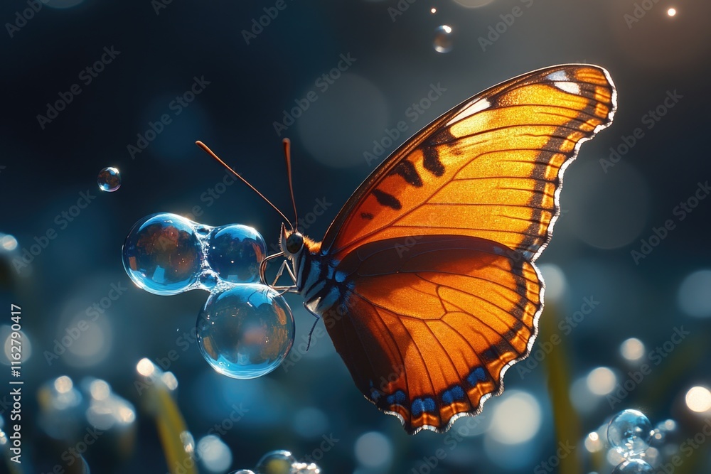 Poster a colorful butterfly sits atop a cluster of bubbles, creating a whimsical scene