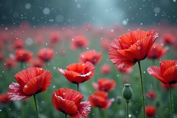 Obraz premium Dense snowflakes fall gently on crimson poppies, cold, flowers, nature