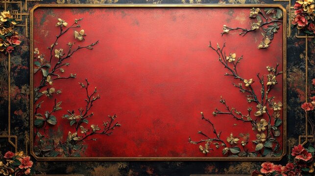 A traditional Chinese backdrop with golden bat designs set against a deep red base creating a bold border with a plain middle 
