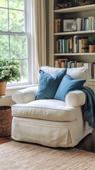 Modern Seating. Cozy white armchair with blue pillows near window in b